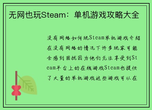 无网也玩Steam：单机游戏攻略大全