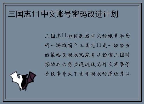 三国志11中文账号密码改进计划