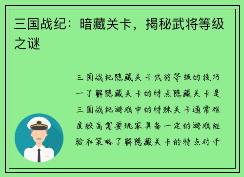 三国战纪：暗藏关卡，揭秘武将等级之谜